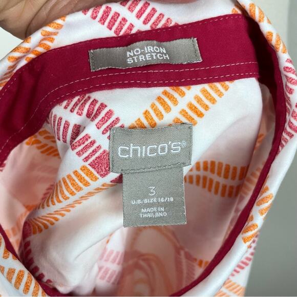 Chico's White Pink Orange Print No Iron Stretch Button Down Shirt 3 - Picture 9 of 10